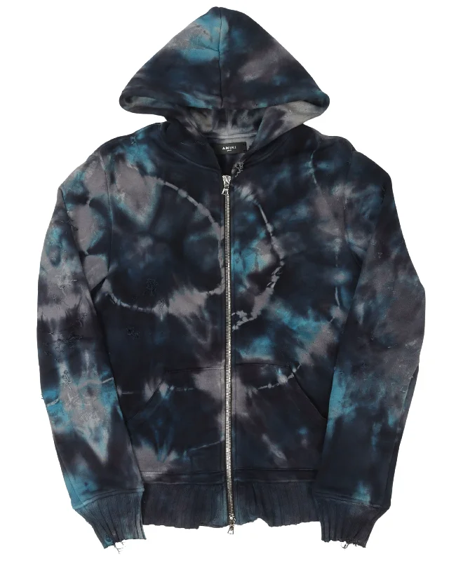 Tie Dye Zip Up Sweatshirt Hoodie with Hem Raw Edge Edgy Unfinished
