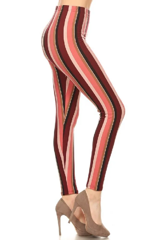 Burgundy Stripes Design Leggings Comfortable Cold Weather Leggings