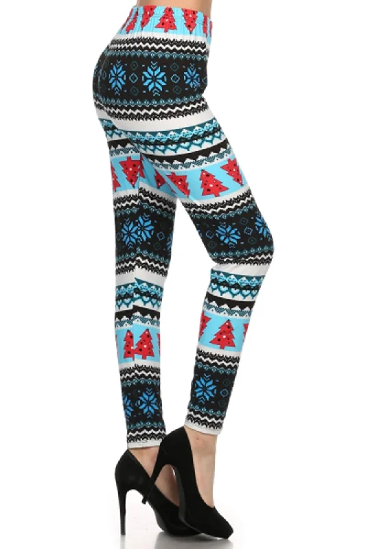 Blue Snowflake Trees Design Leggings Stylish Stretch Pants Leggings