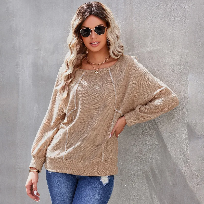Women's Round Neck Loose Long Sleeve Pullover Bottoming Shirt Top Button Front Sweater