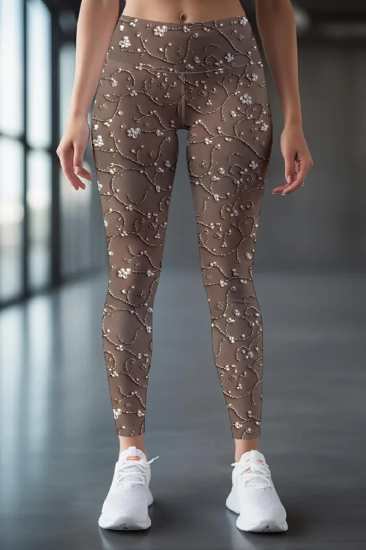 Cocoa Dusk Lucy Brown Blossom Printed Gym Leggings Yoga Pants - Women Elegant Textured Leggings