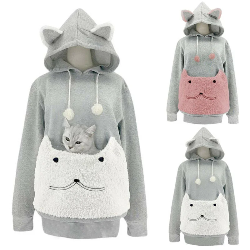 Cat Pouch Pullover Sweatshirt  with Cat's Ear Shaped Hood Elbow Length Sleeve