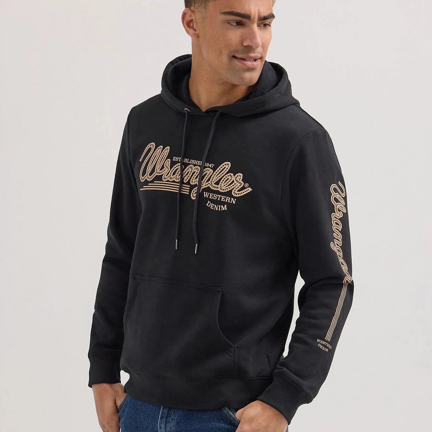 Wrangler Men's Rope Logo Pullover Hoodie in Jet Black Puff Sleeve Stylish