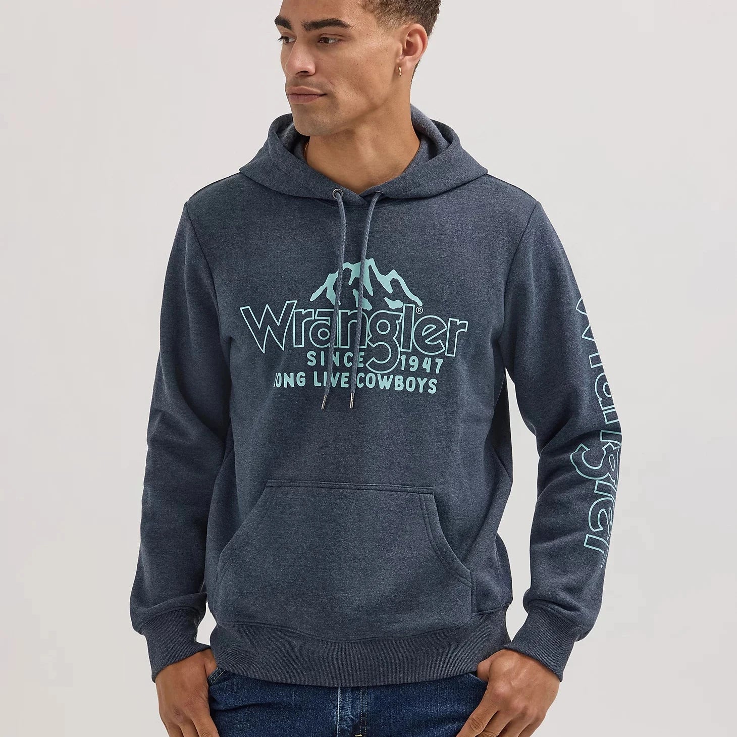 Wrangler Men's Mountain Crest Logo Pullover Hoodie in Dark Sapphire Short Sleeve Top