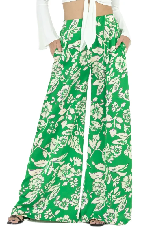 Green Floral Wide Leg Trousers Trousers Modern Contemporary