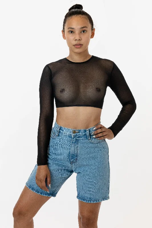 RNS079 - Micro Mesh Long Sleeve Crop Top Hooded Caped Shawl Collar