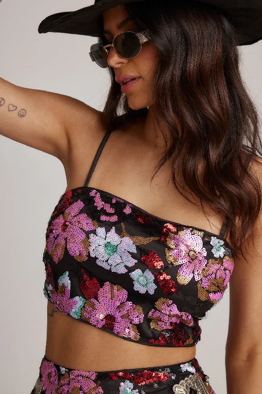 Dynamo Floral Sequin Crop Top Sequined Glittery Shiny