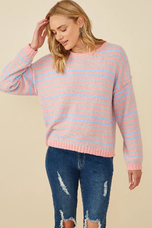 Womens Ultra Soft Multicolor Stripe Pullover Sweater Boyleg Sleeve Pullover