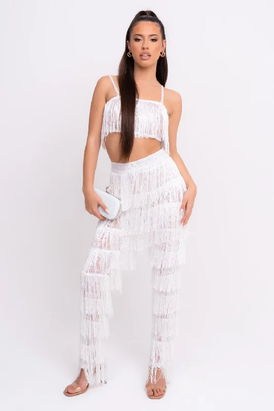 Senorita White Sheer Lace Tassel Fringe Co-ord Crop Top Trouser Set Terry Blend Velvet Blend Canvas Blend