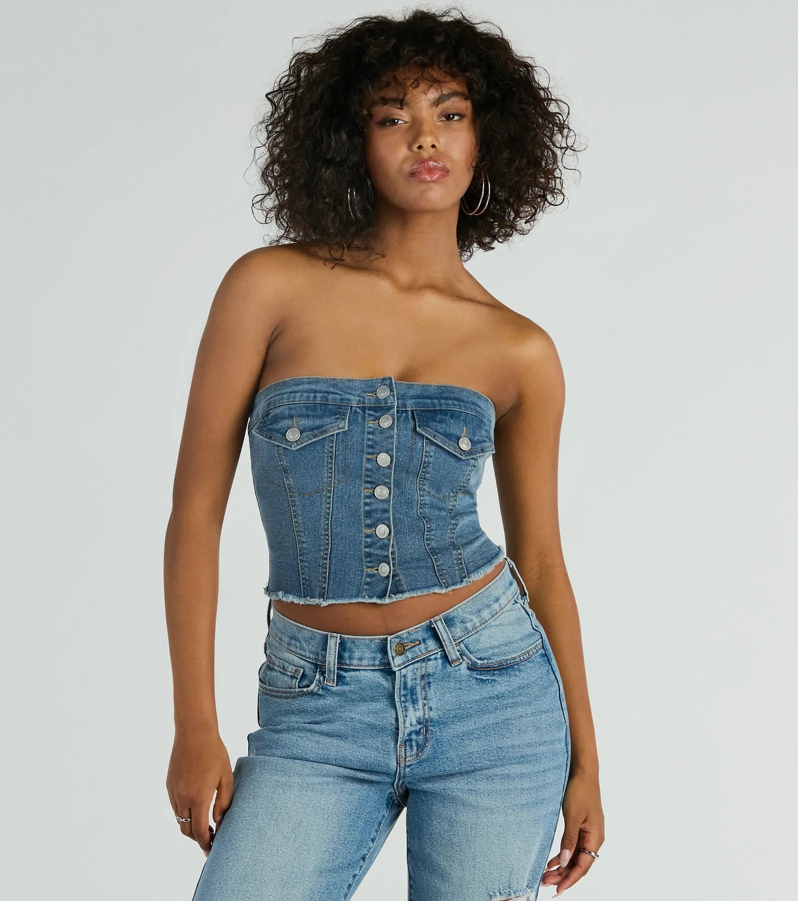 Keep It Chill Strapless Denim Crop Top Ribbed Crop Top High Neck Heavyweight