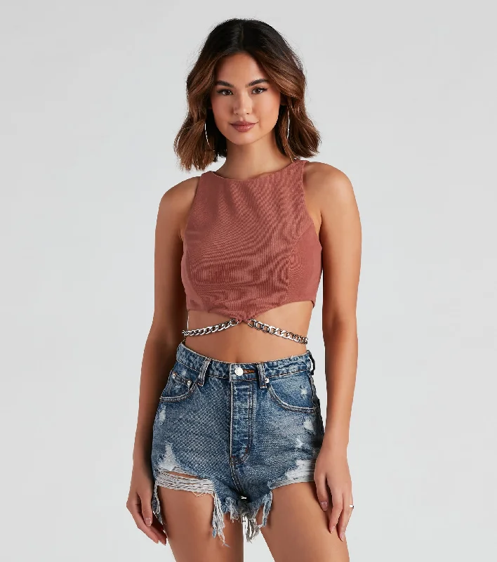 Chain Of Plans High Neck Crop Top Zippered Front Buttoned Front Snap Front