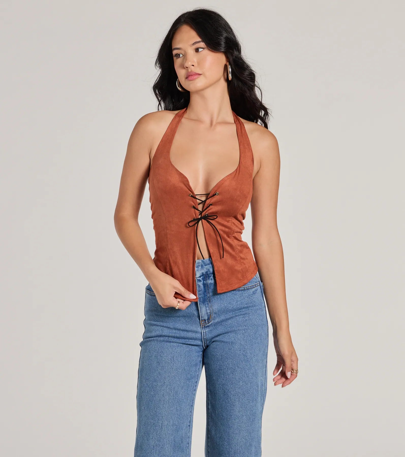Country Girlie Halter Lace-Up Faux Suede Crop Top Crop Top Seamless Stretchy