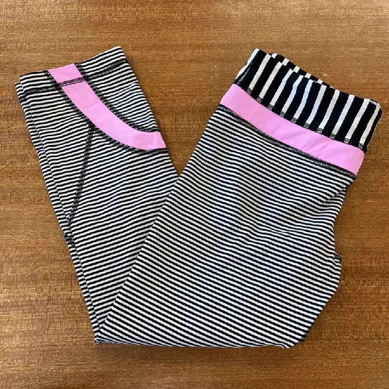 Lululemon - Women's Striped Cropped Leggings: Black/White/Pink-women-6 Trendy Leather-Look Workout Leggings Lululemon - Women's Striped Cropped Leggings: Black/White/Pink-women-6 Trendy Leather-Look Workout Leggings