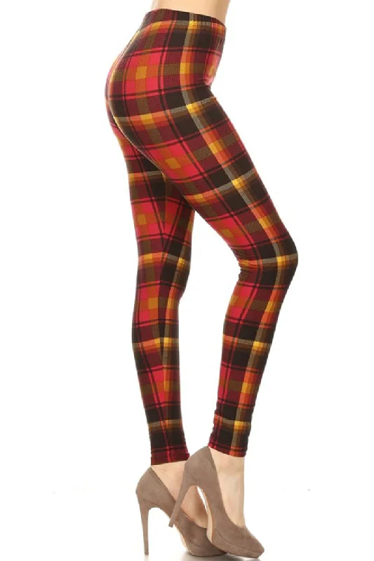 Red Sun Plaid Design Leggings Comfortable Bootcut Workout Leggings