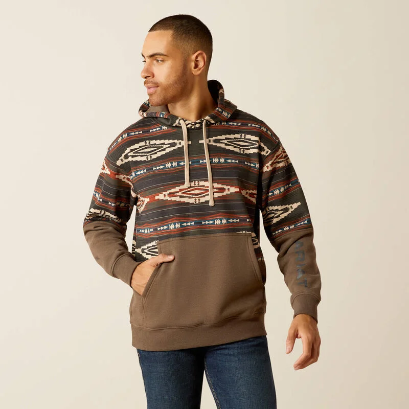 Ariat Men's Southwest Color Block Pullover Hoodie in Brindle Deep Neck Pullover