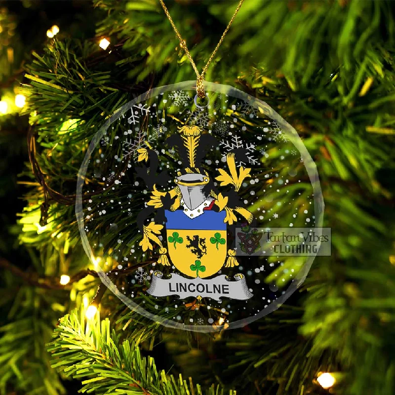 Lincolne Irish Clan Christmas Glass Ornament with Coat of Arms Sequined Lace Ribbed