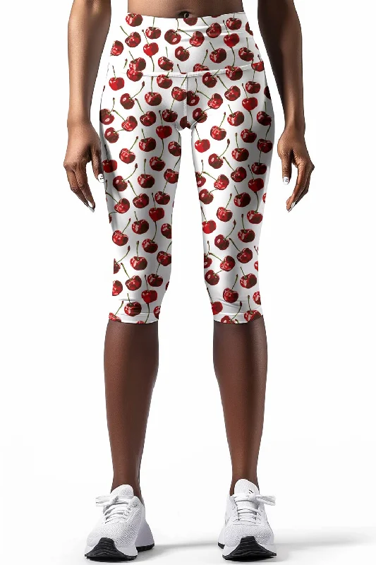 Cherries on Top Ellie White Fruity Printed Yoga Capri Leggings - Women Comfortable Slip-On Compression Leggings Cherries on Top Ellie White Fruity Printed Yoga Capri Leggings - Women Comfortable Slip-On Compression Leggings