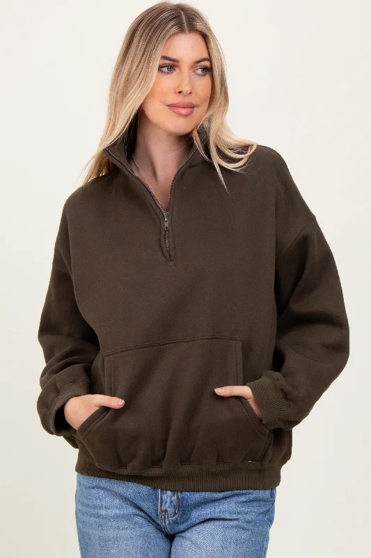Olive Fleece Oversized Half Zip Pullover Flutter Sleeve Feminine