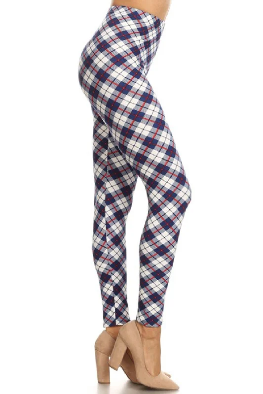 Navy White Plaid Design Leggings Fashionable Sports Leggings