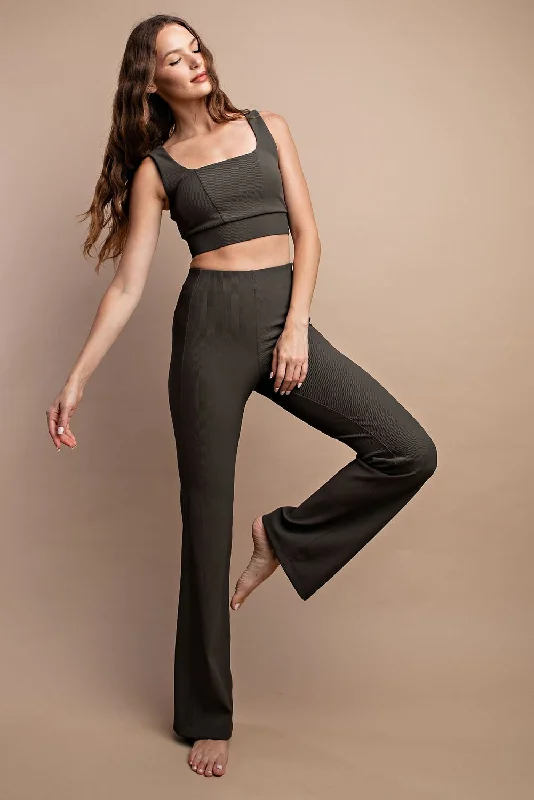 Olive Ribbed Flared Leggings Elegant Embellished Leggings