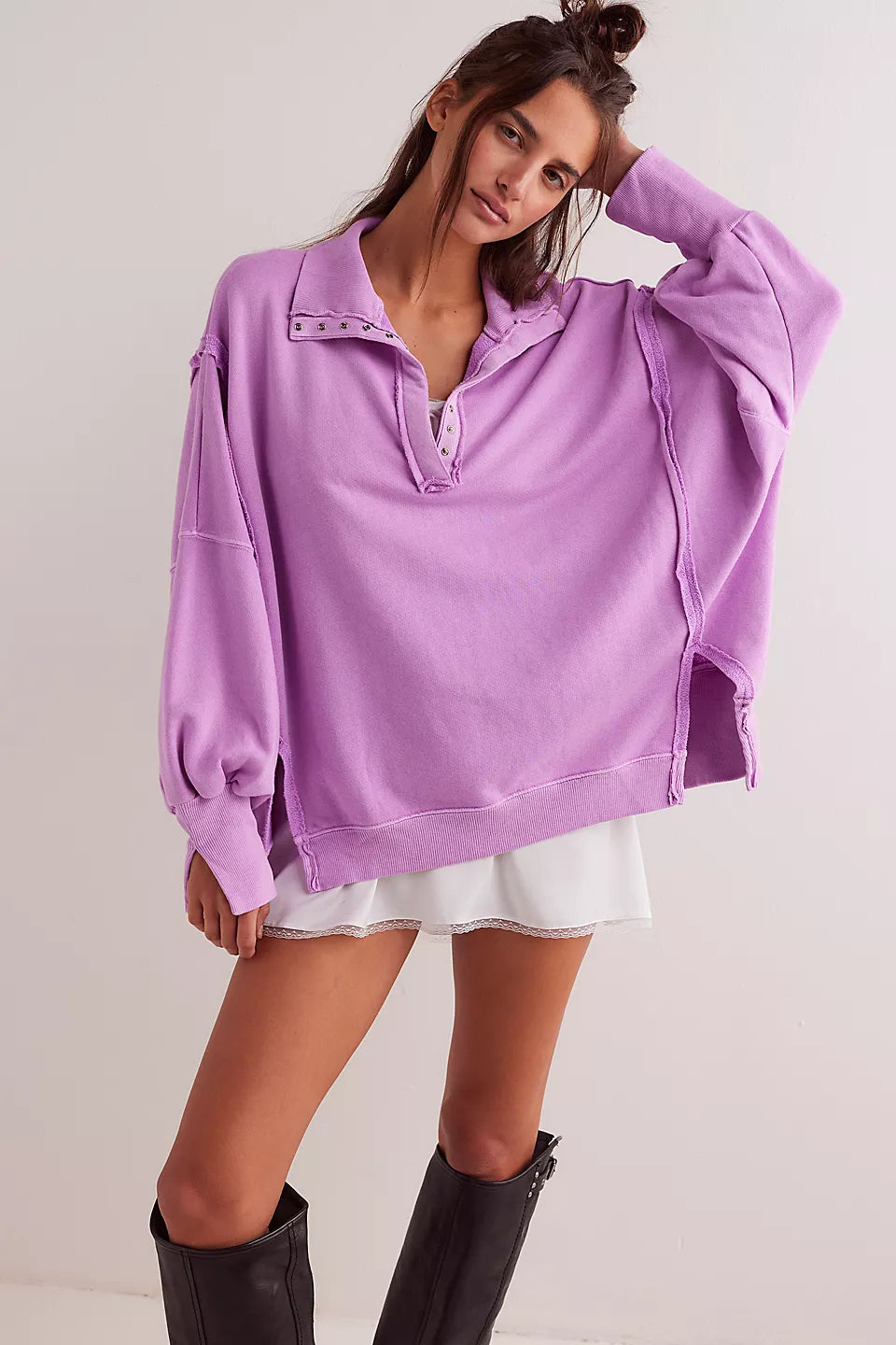 Free People We The Free Camden Henley Sweatshirt - BUBBLE TEA Hoodie with Full-Zip Functional Layering