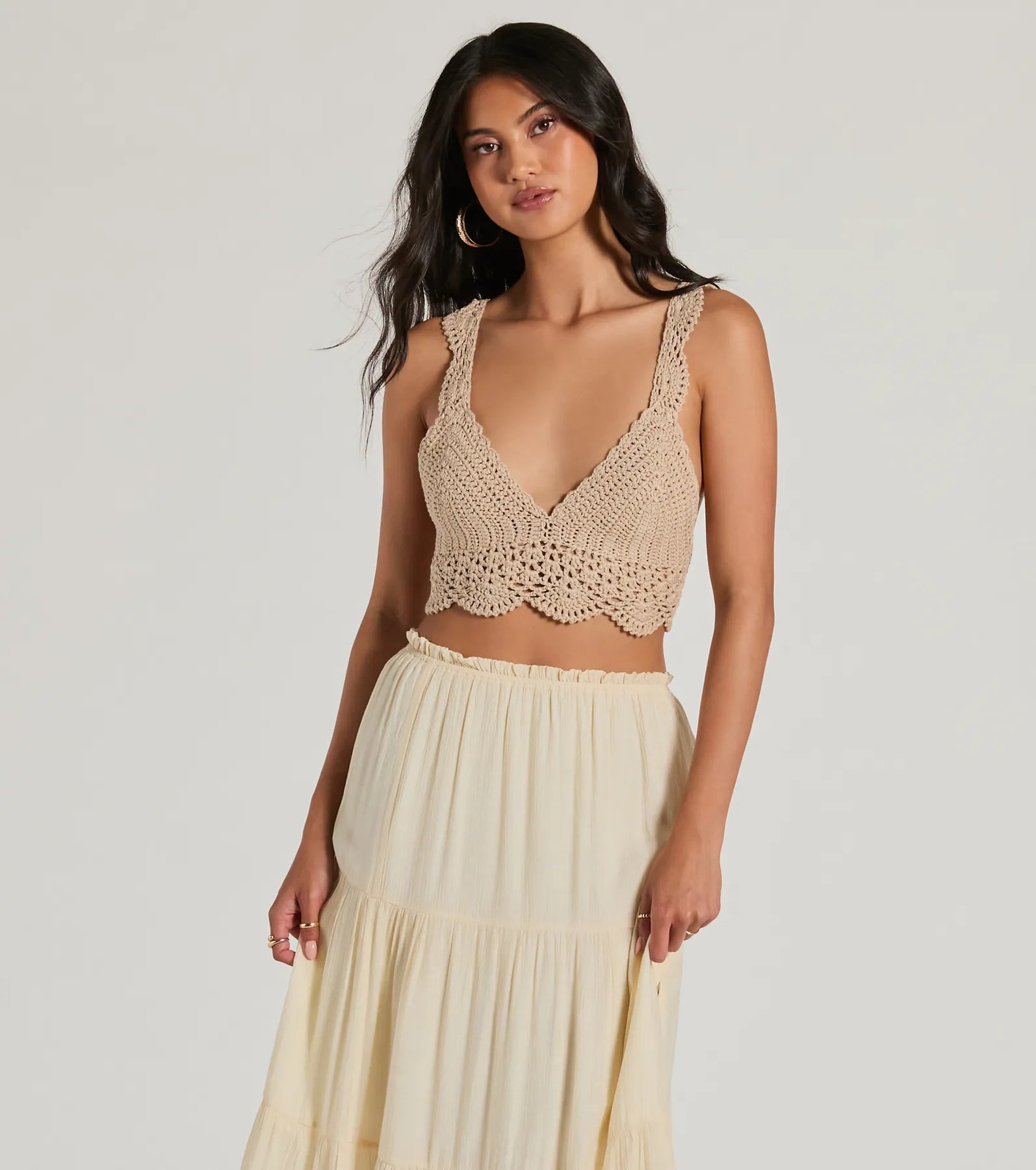 Sunset Serenity V-Neck Crochet Crop Top Iron Safe Non-Iron Wrinkle Free