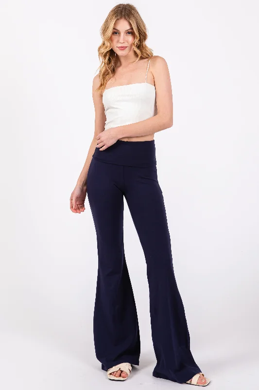 Navy Blue Fold-Over Waistband Flared Leggings Comfortable Slip-On Leggings
