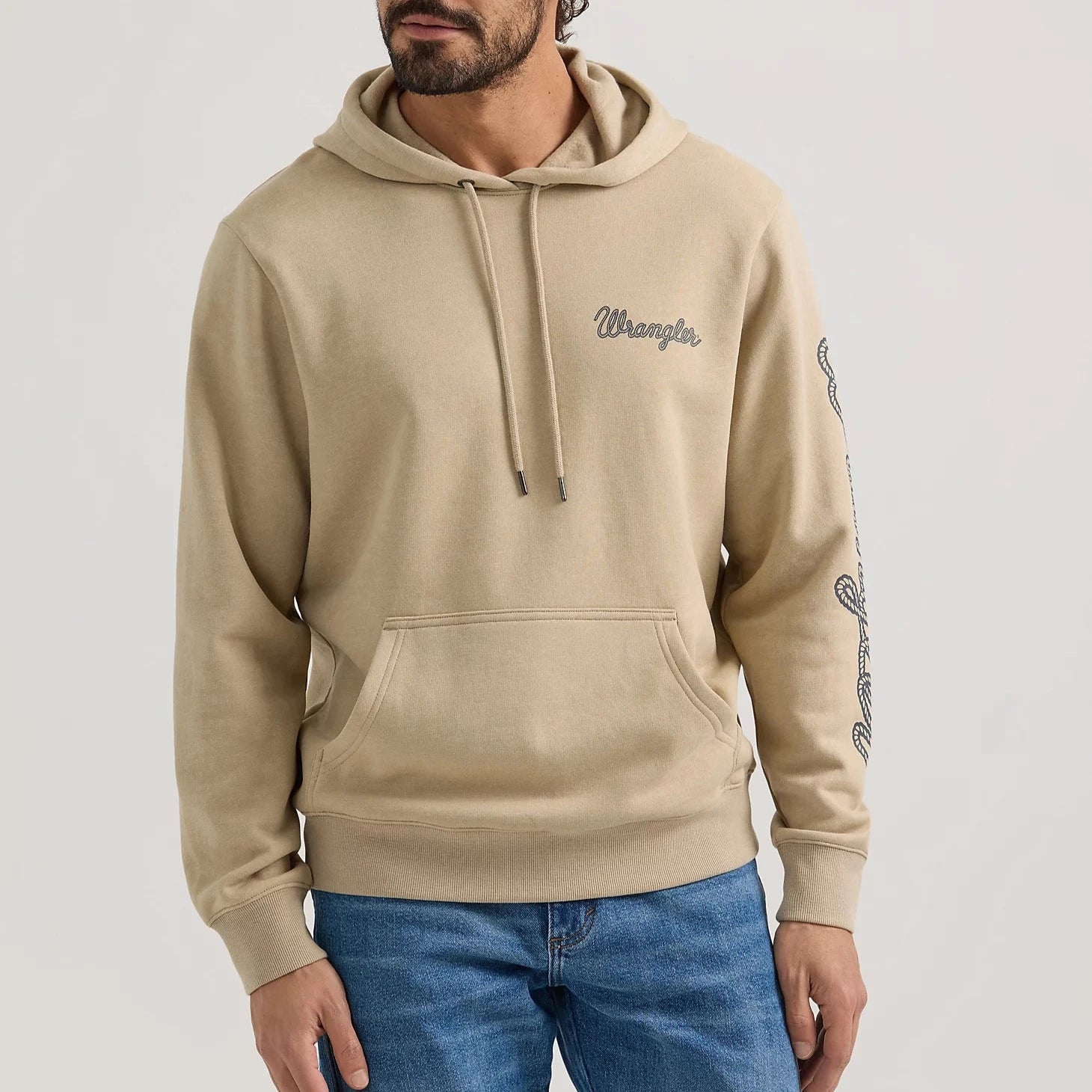 Wrangler Men's Rope Logo Pullover Hoodie in Trench Coat Heather Lapel Neck Sweater