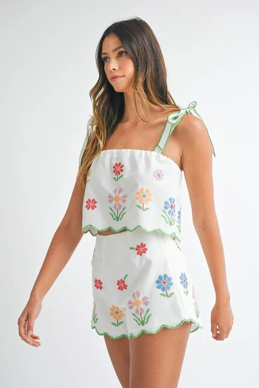 Embroidered Crop Top and Short Set Anti-Pilling Machine Wash Handmade