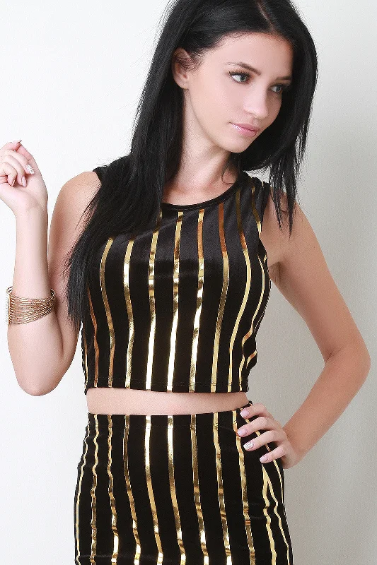 Metallic Gold Striped Velveteen Crop Top Crop Top Seamless Stretchy