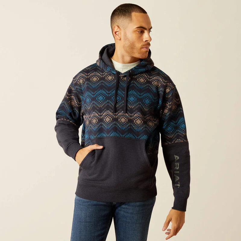 Ariat Men's Southwest Color Block Pullover Hoodie in Navy Turtleneck Warm Pullover
