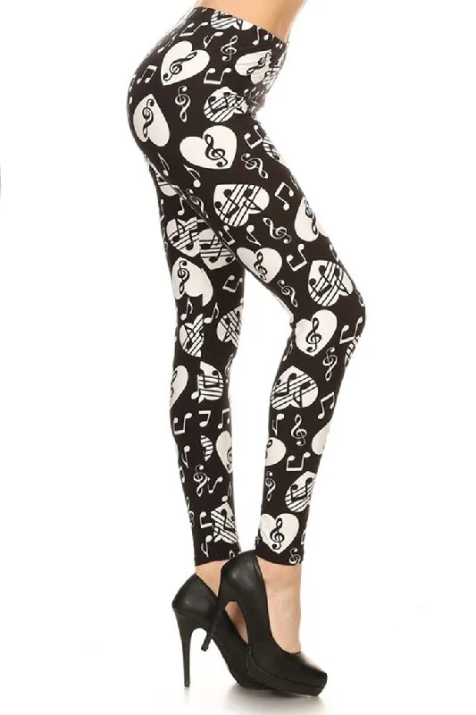 Music Lover Graphic Print Leggings Elegant Satin Finish Leggings