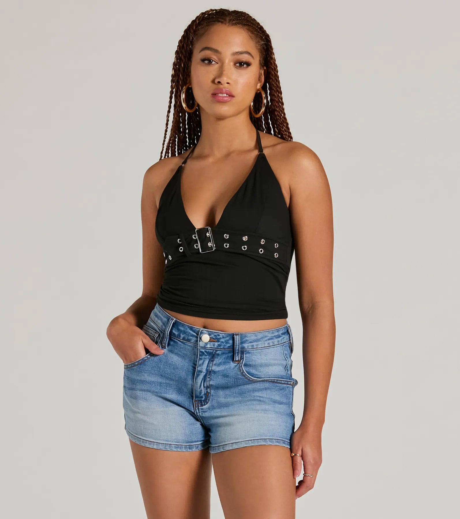 Buckle Down Halter V-Neck Crop Top Summer Crop Top Casual Short Sleeve