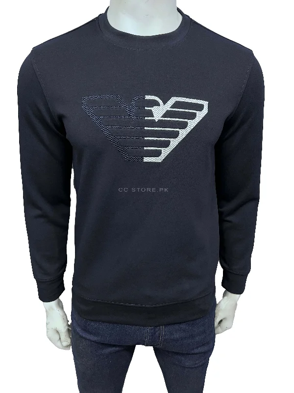 EA Embroidered Logo Navy Blue Sweatshirt Hoodie with Hem Contrast Bold Stylish