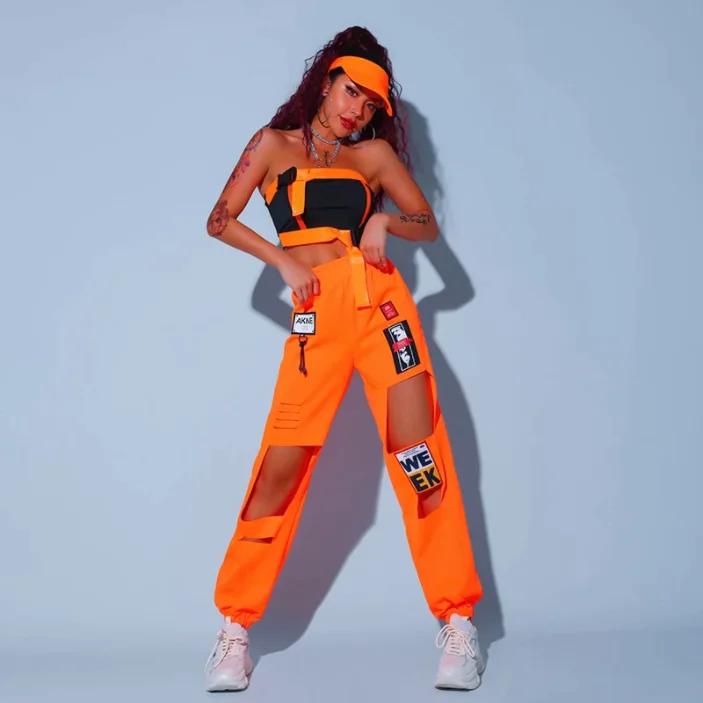Orange Street Dance Outfit Set for Raves (Crop Top + Pants) Satin Fabric Silk Fabric Chiffon Fabric