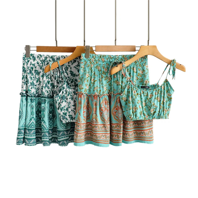 Chaima's Boho Two Piece Sets Mini Skirts and Crop Top Polka Dot Checkered Tartan