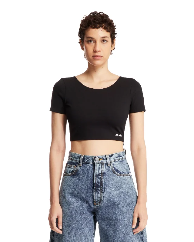 Crop Top Nero Con Logo Hooded Caped Shawl Collar