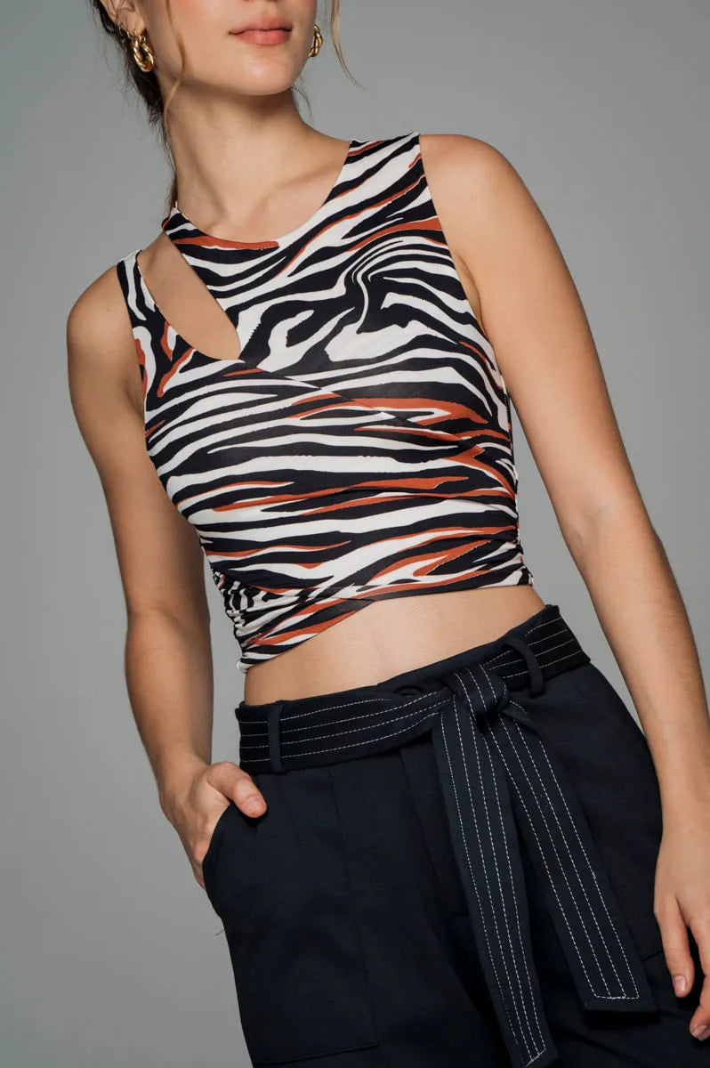 Zebra Crop Top Zippered Front Buttoned Front Snap Front