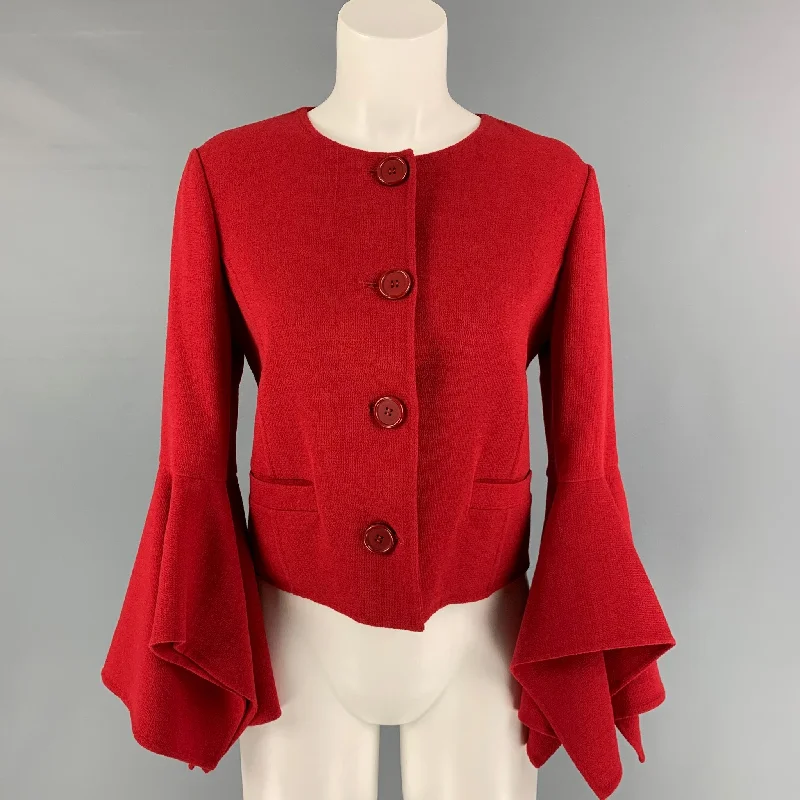 OSCAR DE LA RENTA Size 4 Red Virgin Wool Blend Cropped Coat Parka Anorak Hoodie