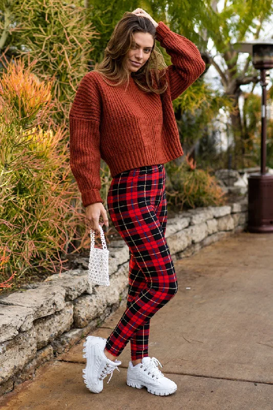 Red Plaid Design Leggings Comfortable Fleece-Lined Leggings