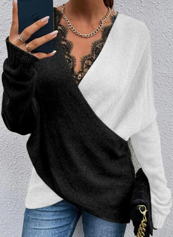Knitted Temperament Commuter Color Matching V-neck Loose Pullover Cold Shoulder Design Knitted Temperament Commuter Color Matching V-neck Loose Pullover Cold Shoulder Design
