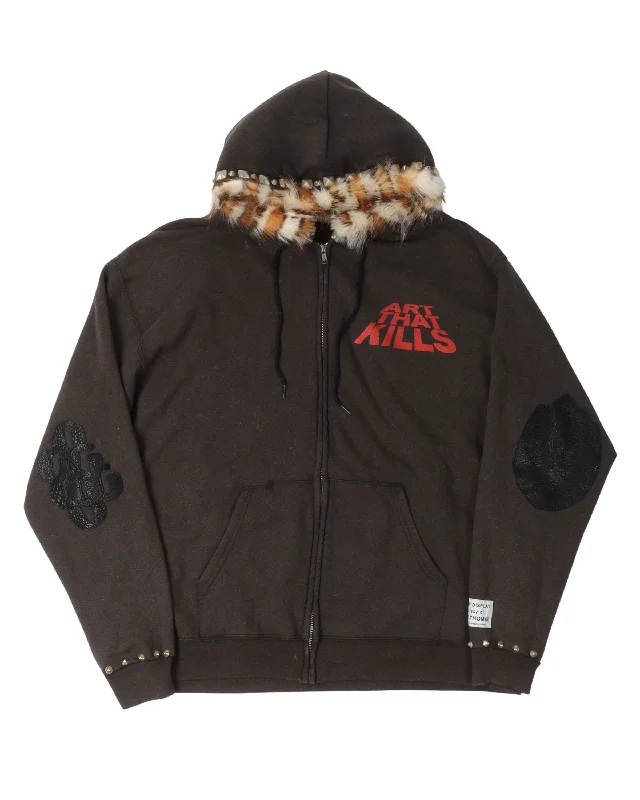 "Art That Kills" Fur Lined Zip Up Hoodie Hoodie with Hem Patch Decorative Personalized "Art That Kills" Fur Lined Zip Up Hoodie Hoodie with Hem Patch Decorative Personalized