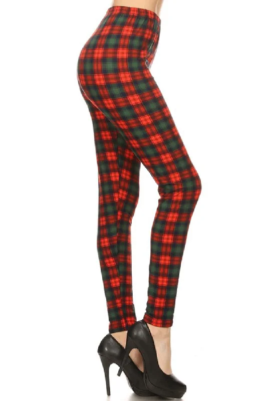 Red Green Plaid Design Leggings Cozy Bootcut Leggings
