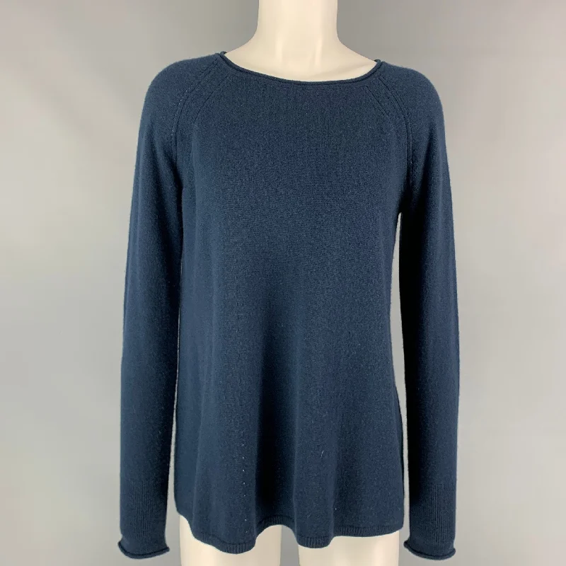 LORO PIANA Size 6 Navy Cashmere Crew-Neck A-line Pullover Ruffle Neck Pullover