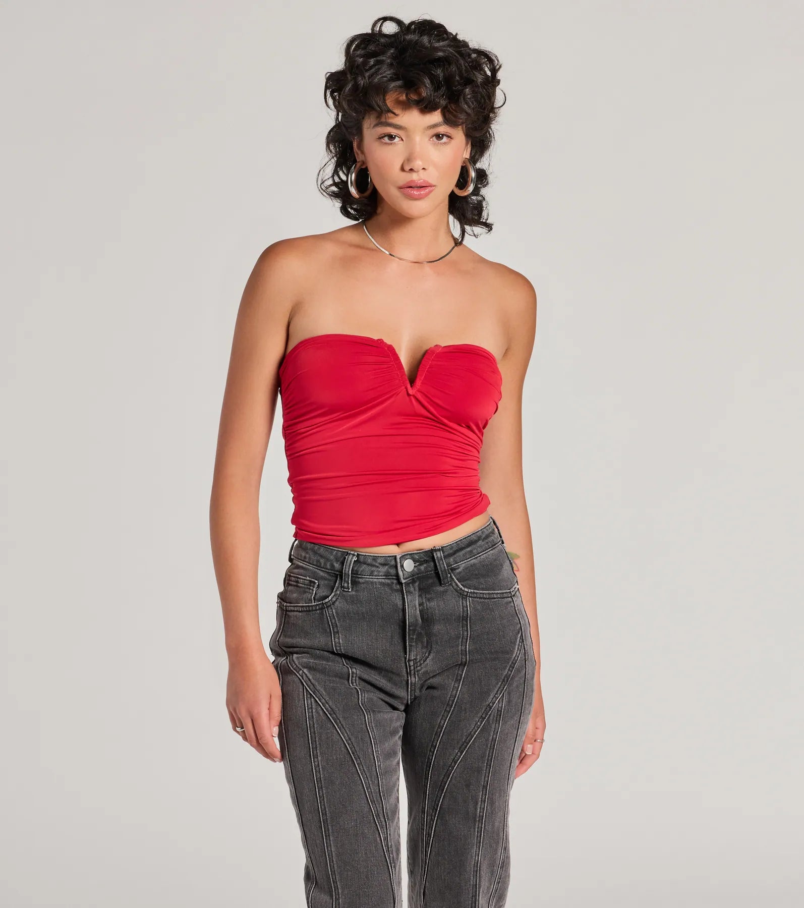 Flirty Find Strapless Ruched Knit Crop Top Fleece Nylon Spandex