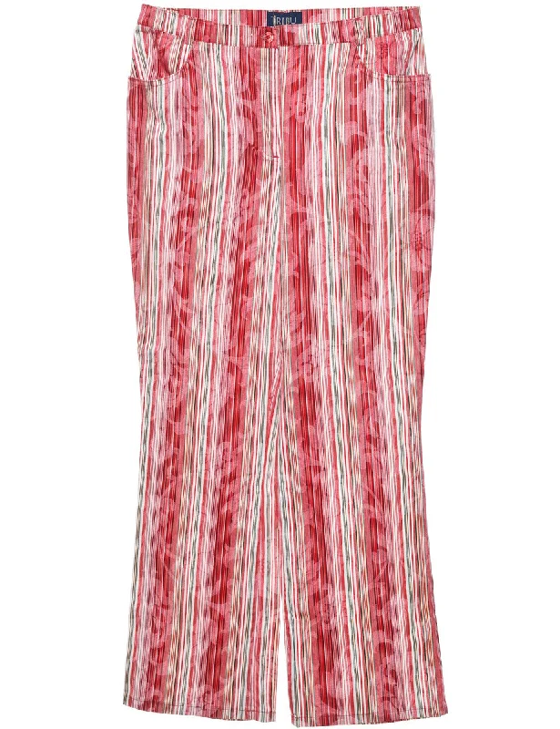 Striped Red & Light Green Cropped Trousers - W32 L32 Wide Leg Loose Fit Mid Waist