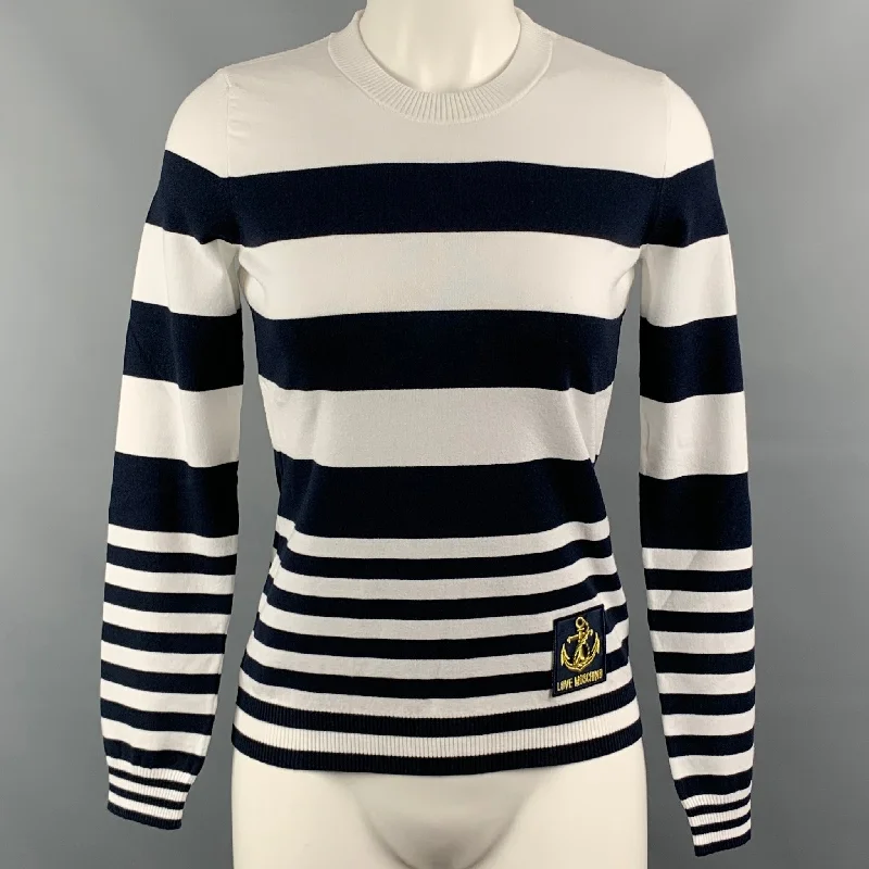 LOVE MOSCHINO Size 4 White Navy Stripped Viscose / Polyester Pullover Tapered Sleeve Pullover LOVE MOSCHINO Size 4 White Navy Stripped Viscose / Polyester Pullover Tapered Sleeve Pullover