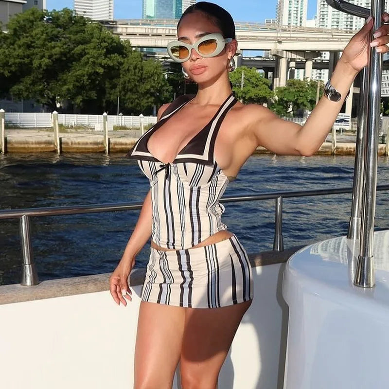 Bonnyshow Striped Print 2 Pieces Dress Set Trendy Clothes 2024 Summer Outfits Sexy Halter Crop Top And Mini Skirt Sets Nylon Fabric Polyester Fabric Spandex Fabric