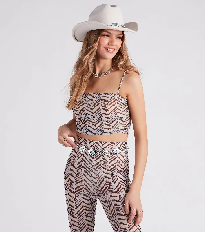 Cute In Chevron Print Mesh Crop Top Notch Collar Peter Pan Collar Cowl Neck
