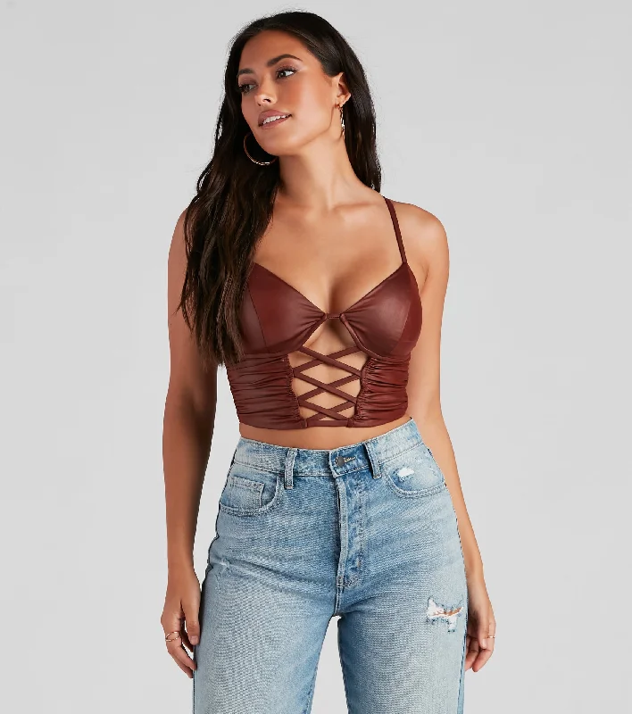 Late Night Faux Leather Lattice Crop Top Chenille Blend Fleece Blend Nylon Blend